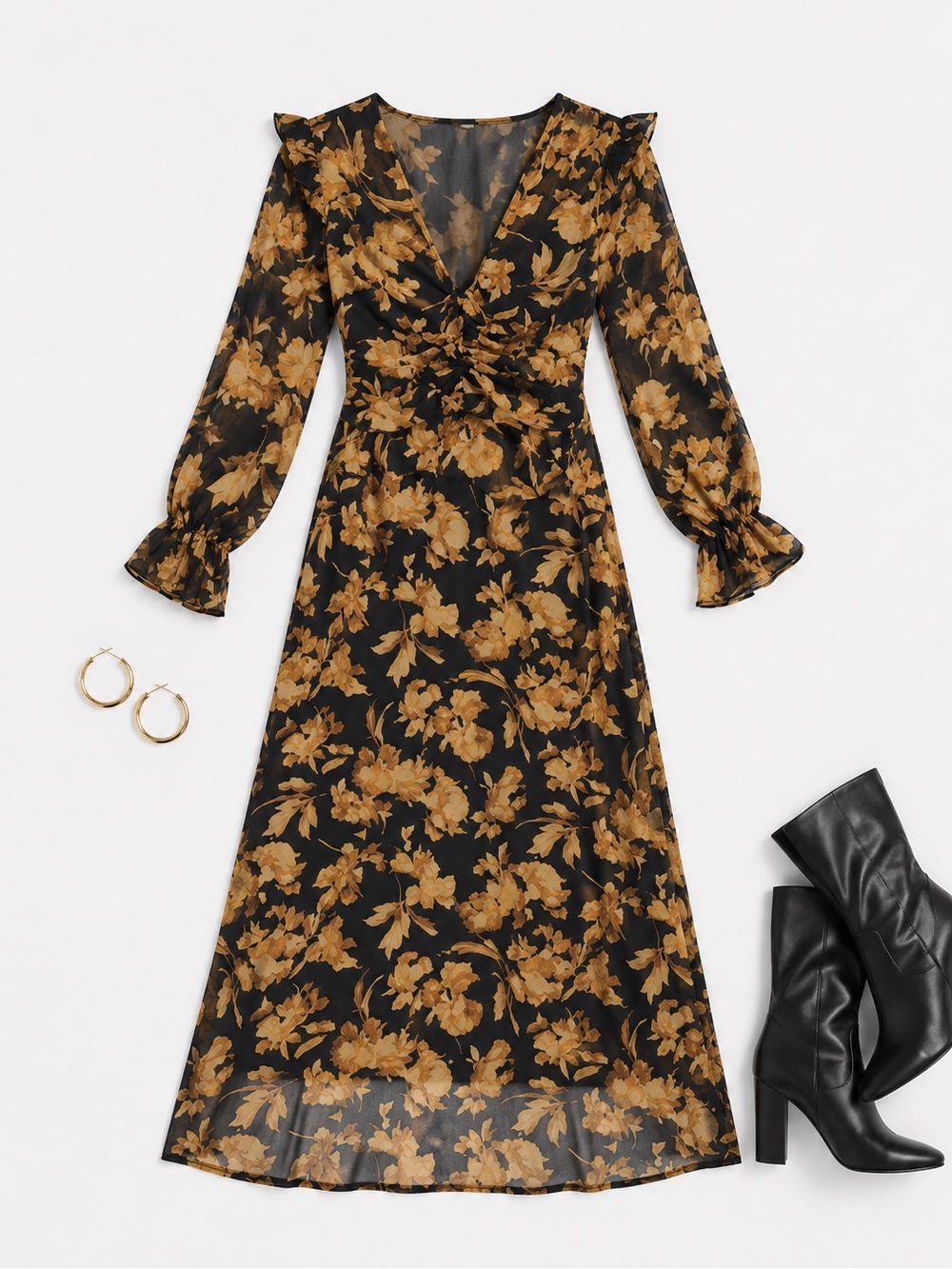 NWT A New Day Small Brown Black Floral Dress Maxi - Picture 2 of 6